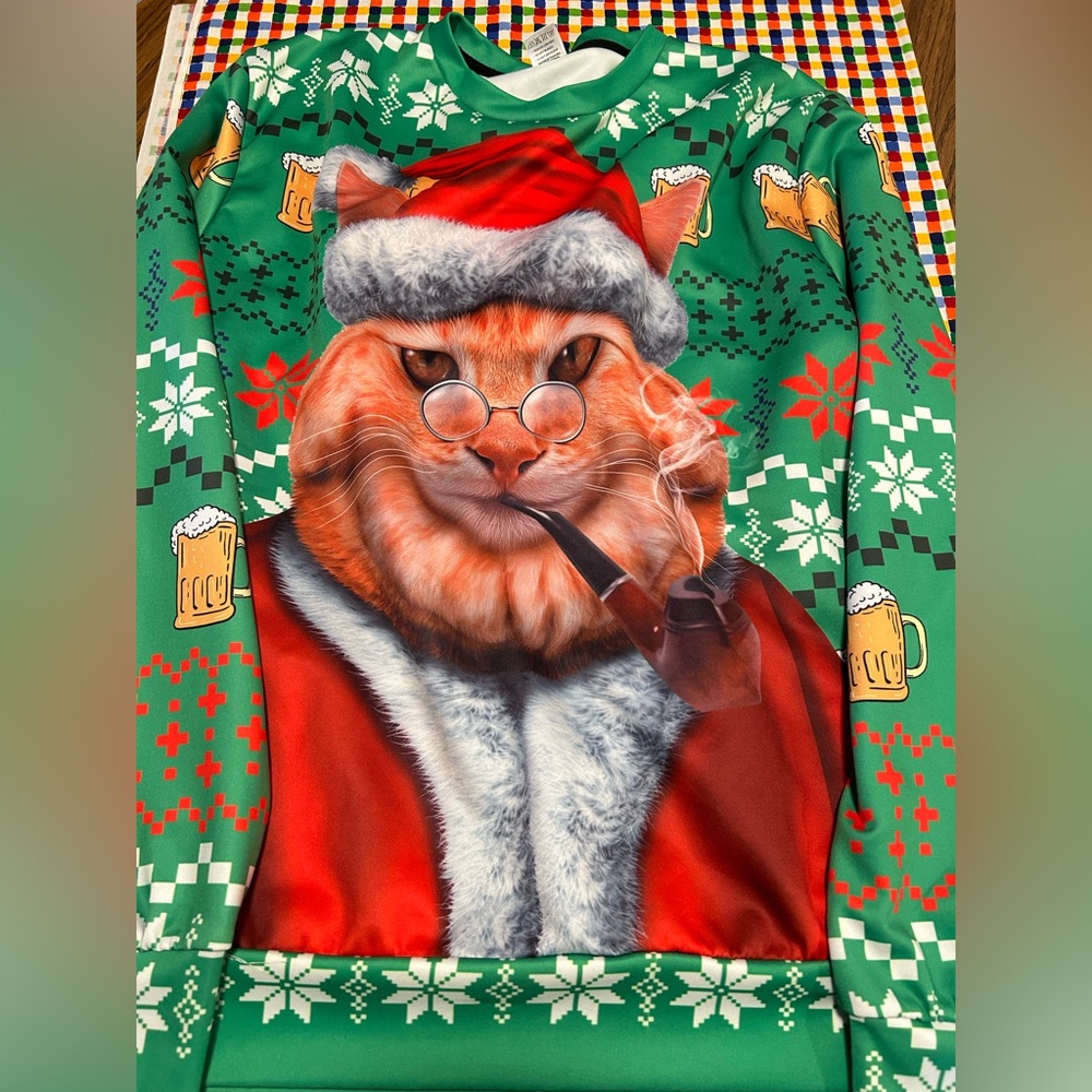 Christmas long sleeve cat smoking L